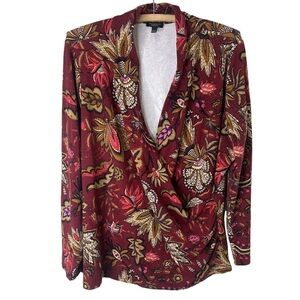 TALBOTS Red Leaf Print Deep V-Neck Long Sleeve Faux Wrap Top Size 2X Petite